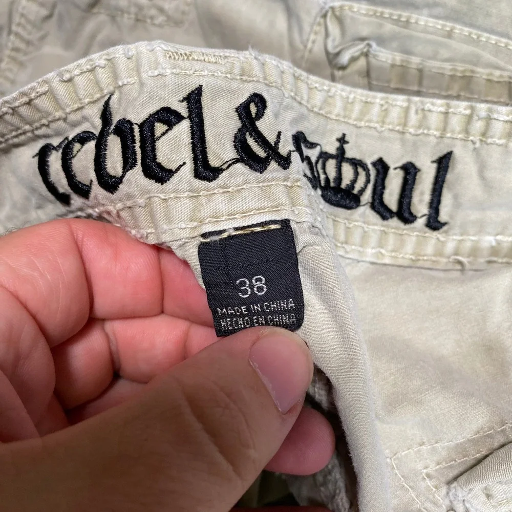 Rebel & Soul Mens Khaki Cargo Shorts Tan Cotton Multi Pocket Red Stitch Size 38